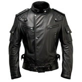 Veste de moto en cuir noire à fermeture éclair sportive pour homme